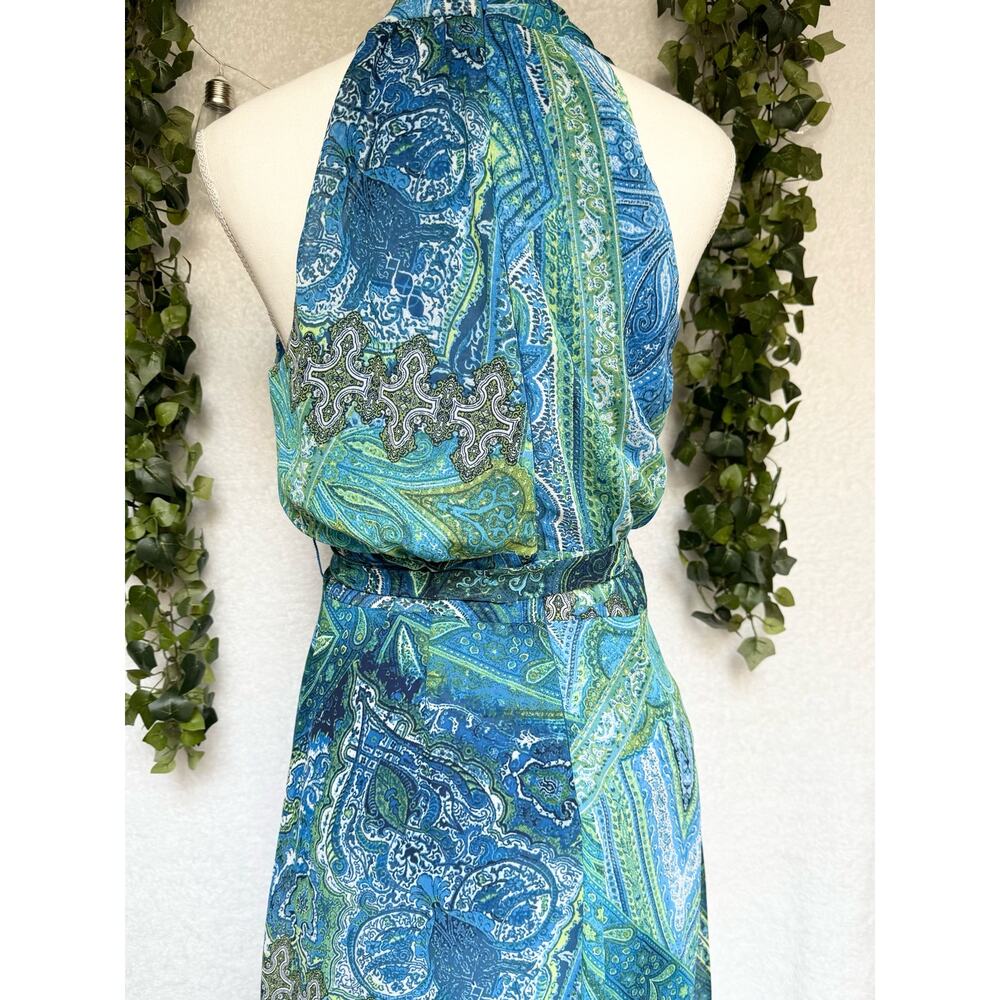 London Times Blue Green Zippered Paisley Print Maxi Dress Women's 8 Medium - Picture 10 of 14